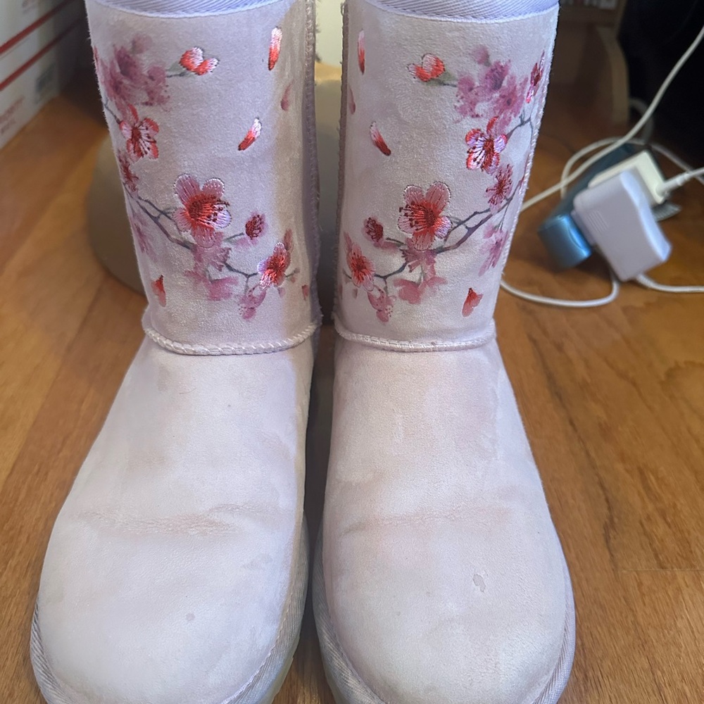 UGG Pink and Red Winter Boots with Floral Design